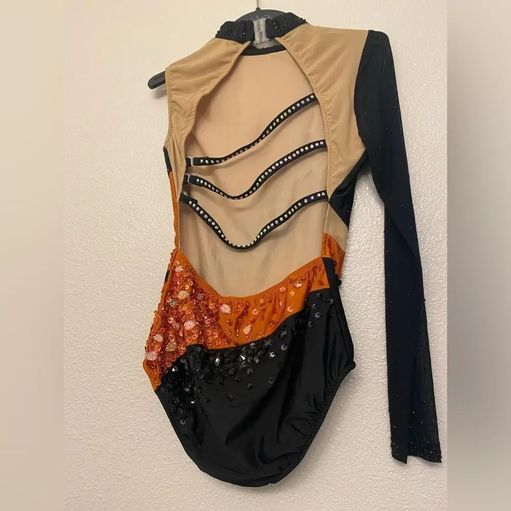 Glamour solo dance costume orange black one sleeve rhinestones MA medium adult